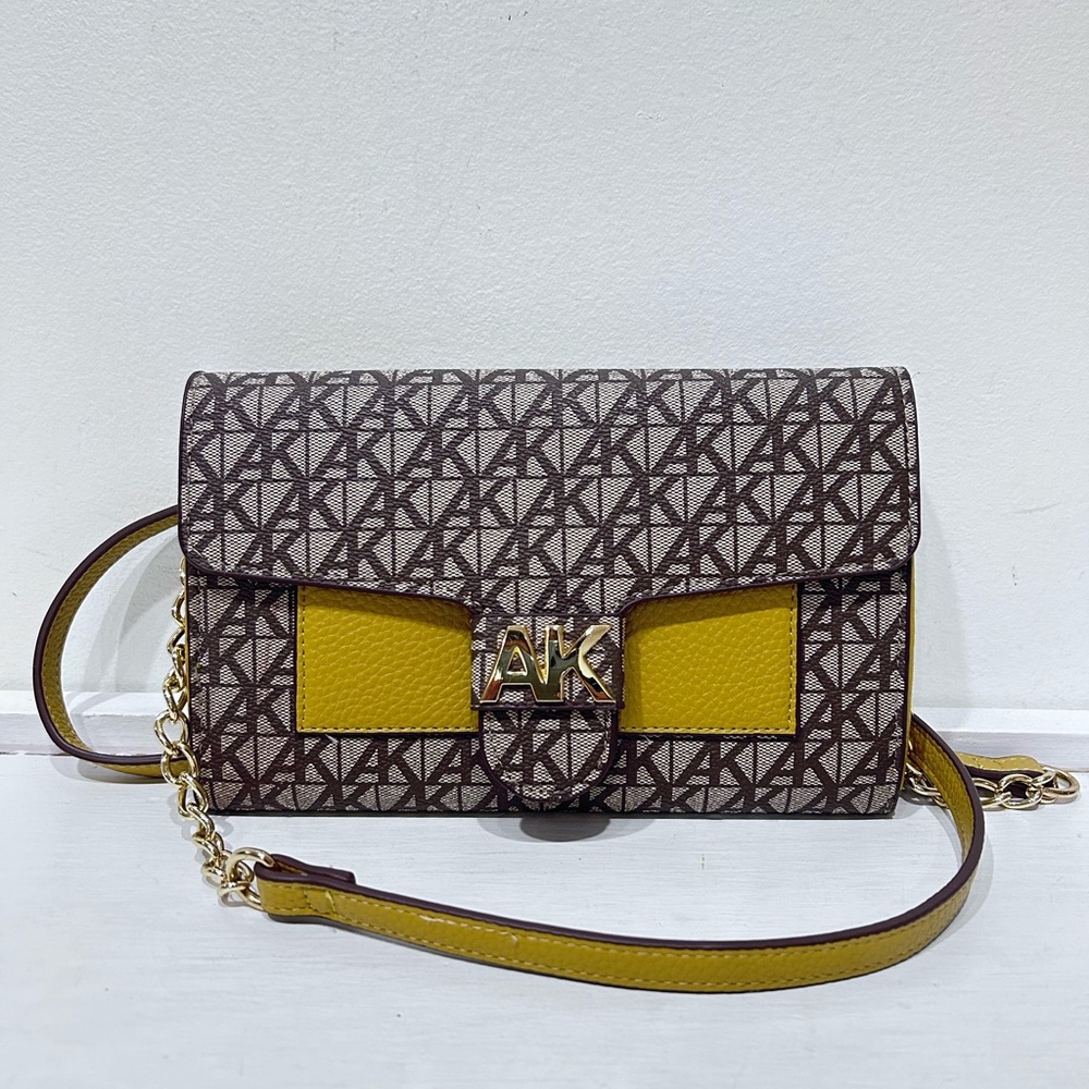 Anne Klein Brown Yellow Signatureβ Monogram Wallet on Chain Crossbody Bag